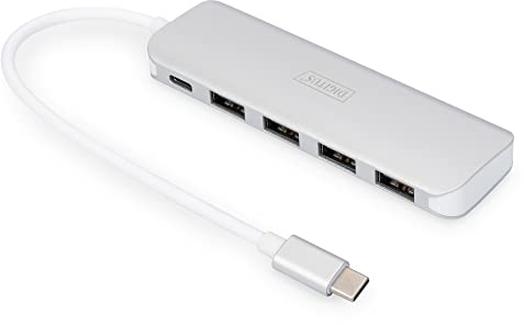 DIGITUS DA-70242-1 – USB Hub – 4-Port USB 3.2 Gen 1 Hub Typ C – Superspeed Datenübertragung bis 5 Gbit/s – Kompakt & tragbar – Plug-and-Play – Für PC, Notebook & Mac – Silber