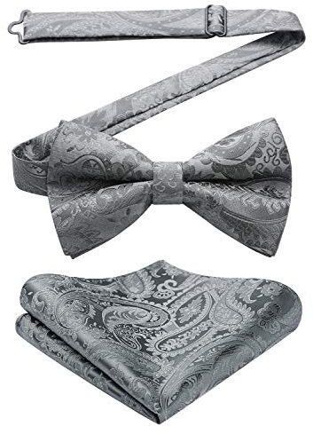 HISDERN Fliege Herren Paisley Floral Jacquard Hochzeit Party Silber Fliege und Einstecktuch Set für Männer