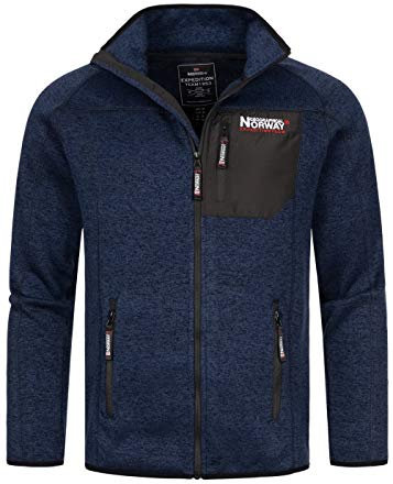 Geographical Norway Giacca in pile da uomo con zip sul petto, tasca con zip obliqua, tasche colletto alto, blu navy, L