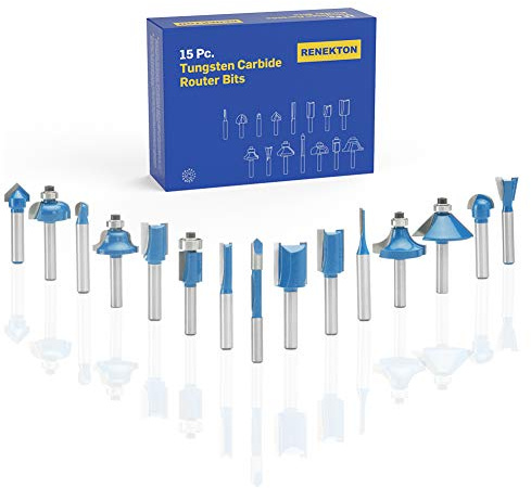 Renekton Tungsten Carbide 15Pc Router Bits Kit, 1/4in Shank, Woodworking, Flush-Trim Cut, Solid Alloy Steel, Sharp YG8 Blades, Smooth Bearing Roller, Storage Case