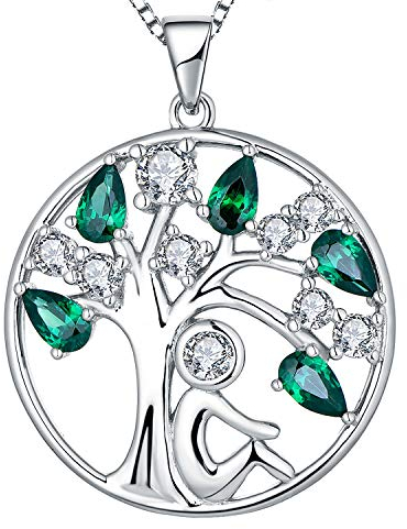 YL Damen Lebensbaum Kette 925 Sterling Silber geschnittenen Mai Geburtsstein Grün Zirkonia Stammbaum Anhänger Halskette für Frauen, 45 + 3CM