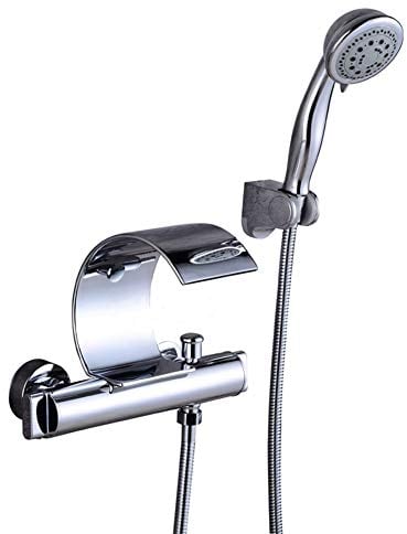 Wasserfall Badewannenarmatur Mit Handbrause - Wannenarmatur, Und Brausehalter | Aufputz Badewanne Wasserhahn - Dusche Set, Mit Umsteller & Keramikkartusche, Zwei Griffe-Wannenbatterie, Messing, Chrom