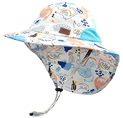 Pesaat Sombrero para el Sol para bebé niña con protección UV con protección para la Nuca Gorro de Verano para niños Paraíso de Playa Large(Dinosaurio Azul Cielo,3-12 Meses)