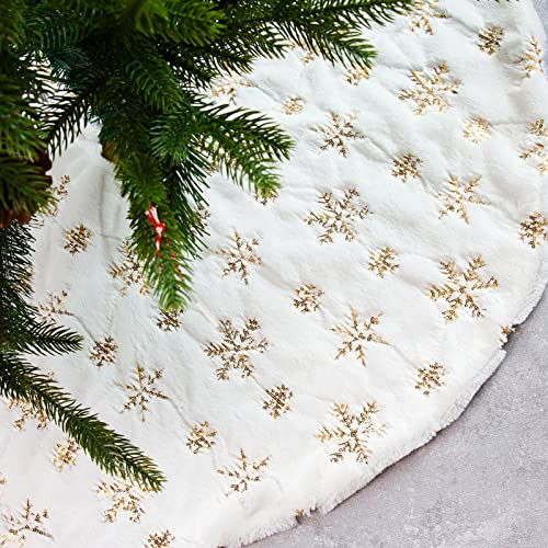 φ 122 cm Weihnachtsbaum Rock - Weiß Plüsch Christmas Tree Skirt mit Goldene Schneeflocken-Pailletten - Runde Form Christbaumständer Weihnachtsbaum Decke Abdeckung für Bodendekoration Weihnachtsdeko