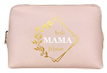 Svanhilde Kosmetiktasche 'Beste Mama' mit Namen Bedruckt | NAMENSDRUCK mit geometrischen Blumenkranz für Damen | Geschenk Mutter-Tag Größe L (25 x 16 x 10,3 cm) (Rosa)