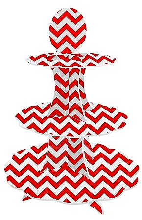 AEX 3 Tier Cake Stand Cardboard | Birthday Cupcake Stands | Cake Stand For Afternoon Tea Stands | Biodegradable Round Food Stand Display | Dessert Cupcake Holder | Fruit Desserts Display | Red Zigzag