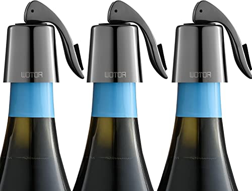 WOTOR Tapón de vino de acero inoxidable, tapón de botella de vino con cierre hermético de silicona, accesorio vino reutilizables, a prueba de fugas mantener fresco, paquetes de 3 (Negro)