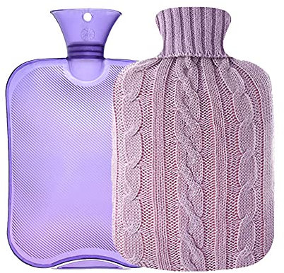 OliviaLiving Classic Transparent Hot Water Bottle 2 Liter with Knit Cover - Great for Cramps, Pain Relief & Cozy Nights - Water Heating Pad - Feet & Bed Warmer for Adults