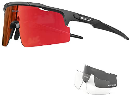 SCVCN Polarisierte Fahrradbrille Sport Sonnenbrille Radbrille mit 3 Austauschbaren Gläsern für Damen Herren Radfahrerbrille Laufen Volleyball Tennis Autofahren Angeln Softball 16 rot schwarz