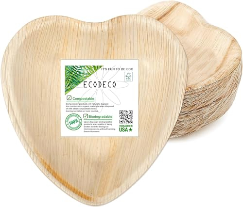 ECODECO 100 Heart Palm Leaf Compostable Plates - 6.5 inch - Disposable Eco Friendly Like Bamboo Party Small Plates for Tapas Canapé or Desserts