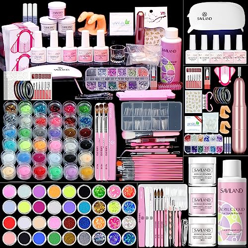Saviland Acrylic Nail Kits Full Set for Beginners: Gel Nail Kits with U V Lamp Electric Nail Drill 5 Colors Gel Nail Polish and 3 Colors Acrylic Powder Nail Art Tools DIY Manicure Women Gift