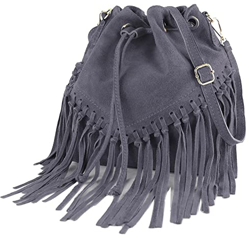 modamoda de T239 Damen Wildleder Beuteltasche Schultertasche mit Fransen handmade in Italy