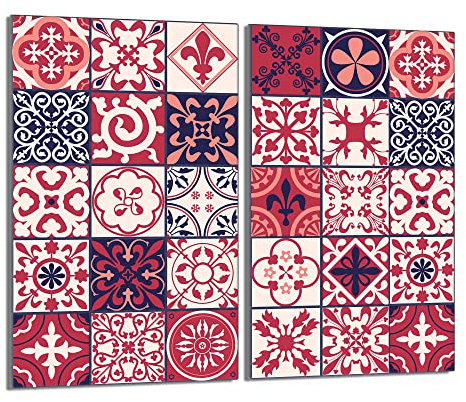 Herdabdeckplatten 2 Teilig 2x30x52 cm Ceranfeldabdeckung Küche Elektroherd Induktion Herdschutz Spritzschutz Glasplatte Schneidebrett, Mosaik Rot