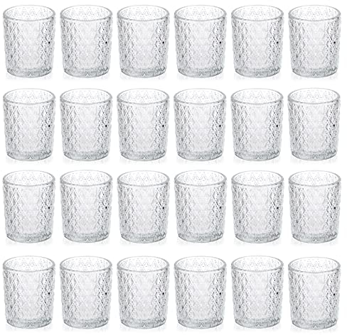 BSTKEY Set of 24 Clear Glass Tealight Candle Holders, Decorative Rhombus Glass Pillar Candle Stand, Table Centerpiece Votive Candle Holder for Wedding Birthday Party