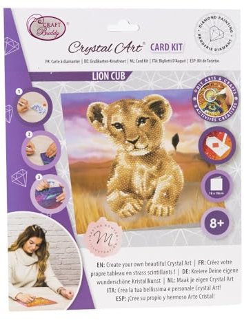 CRYSTAL ART Diamond Painting Set ab 8 Jahren – DIY Aktivität Erwachsene Kinder – Diamantkarte 18 x 18 cm – Löwenbaby – mit Kristallen, Eingabestift und Zubehör – kreatives Geschenk