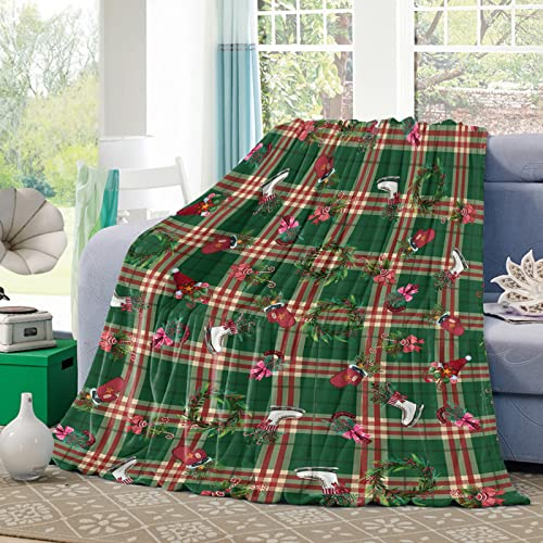 Wohndecke Weihnachtsmotiv, Weihnachtsmannmütze, Socken Und Schuhe, Vintage-Weihnachtsgrün-Karierter Tartan Flauschige Fleecedecke Komfortable Couchdecke Für Sofa Camping Geschenke 50x40