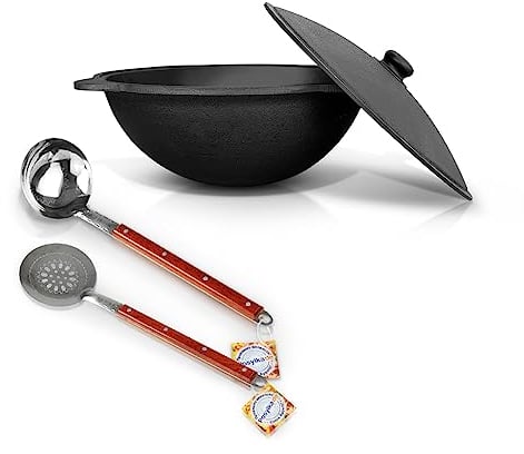 Kazan - Cuchara de hierro fundido con tapa de aluminio de 6 l para Plov, 40 cm, cucharón para Plov, 40 cm, olla uzbekistán, WOK Plov, estufa de fuego Kazan Plov