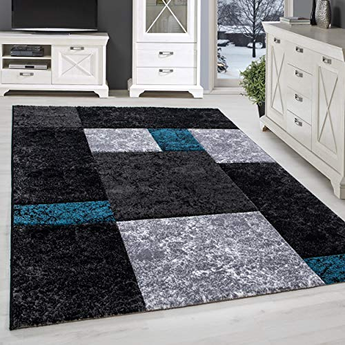 SIMPEX Teppich 280x370 cm XXL Kurzflor Konturenschnitt in Schwarz Grau Blau Kariertes Design, Extra Weich, Pflegeleicht, Waschbar Für Großes Wohnzimmer oder Esszimmer