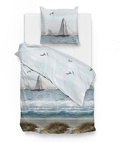 Traumschloss Classic Flanell Wende-Bettwäsche »Segelboot« Segelboote, Möwen, Düne, Meer, 155x220 & 80x80, 100% Baumwolle, wärmend & kuschelig, mit Reißverschluss, bestehend aus Kissen und Bettbezug