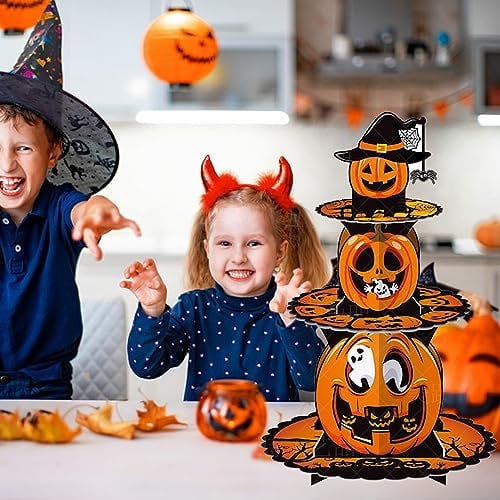 PAIKOE Halloween Cupcake Stand, Pumpkin Tiered Cake Stand, 3 Tier Tray Platter, Premium Cupcake Dessert Display Stand for Wedding, Party