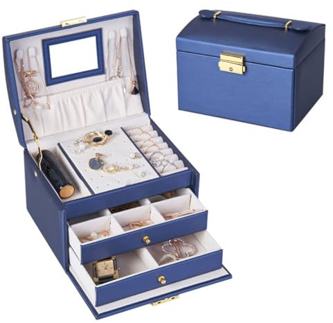 3-Drawer Jewellery Box Large Organiser - Travel Jewelry Storage Organizer Cases for Women Girls with Lockable Mirror for Necklace Earrings Rings Bracelet 22-BL Blue22