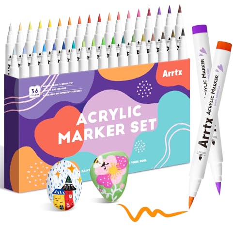 Arrtx Acrylic Paint Pens 36D Colors, Acrylic Paint Markers, Brush Tip, for Rock Painting, Wood, Ceramic, Glass, Canvas, Metal and DIY Project, Gift for Women Men
