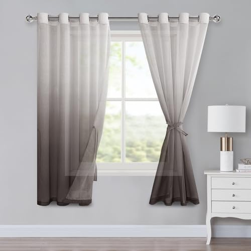 XWZO Voile Gardinen mit Ösen Vorhänge Farbverlauf Vorhang Sheer Ombre Gardinen 2 er Set für Schlafzimmer und Wohnzimmer Schlaufengardinen mit Raffhalter H175xB140cm Kaffeebraun