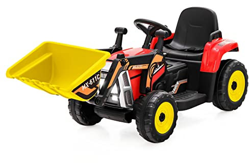 COSTWAY Kids Electric Ride on Excavator, 12V Battery Powered Construction Vehicle with Remote Control, Adjustable Digging Bucket, LED Lights and Horn, for 3+ Years Old Boys Girls (Red)