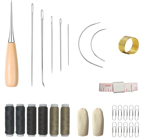 28 Pcs Leather Sewing Set, Upholstery Repair with Awl, Needles, Thread, Thimble Hoops, Finger Sleeve, Soft Ruler, Paper Clip, Leather Repair, Fabric Sewing Tools for DIY Crafts, Sewing Supplies