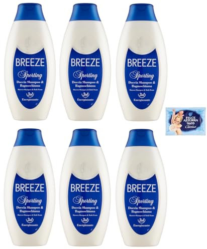 6x BREEZE Sporting Doccia Shampoo e Bagnoschiuma,deterge efficacemente corpo e capelli 400ml + 1 Busta di Talco Felce Azzurra in omaggio da 100g