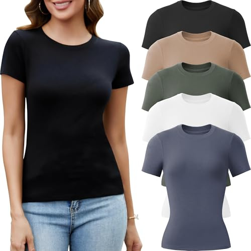 TYCTOS 5 Pack Crew Neck T-Shirts Women Basic T Shirts 5 Colors 1 Medium