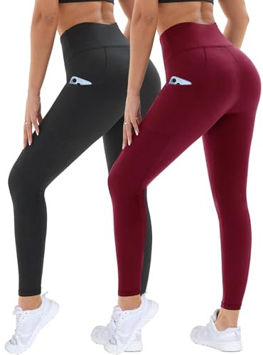 DDOBB 2er Pack Sport Leggings Damen High Waist Sportleggins Damen Lang Mit Taschen Gym Leggins Blickdicht Schwarz Sporthose Elastische Bauchweg Yogahose Fitness Laufhose(Schwarz+Weinrot,L-XL)