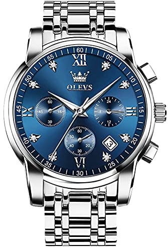 OLEVS Silberne Herrenuhr Großes Gesicht Chronograph Uhr Klassisches Blau Edelstahl Analoger Quarz Diamant Herrenuhren Römische Ziffern Wasserdicht Leuchtend Kalender Uhren Herren