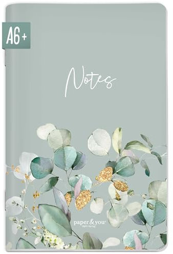 paper&you® Notizheft A6+ dotted Minty Leaves mit 64 Seiten, Notizbuch klein, Mini Bullet Journal - nachhaltig & klimafreundlich