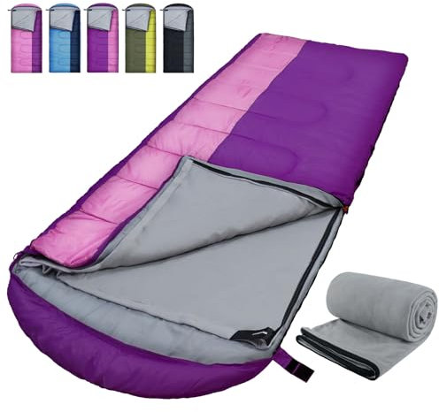 WKFAMOUT XL Schlafsack Outdoor mit Fleecefutter Schlafsäcke Erwachsene Maschinenwaschbar Winter Deckenschlafsack mit Kompressionssack für 4 Jahreszeiten Camping Wandern Lila