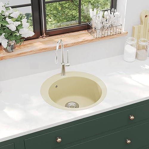 Homgoday Lavello da cucina in granito singolo lavabo rotondo beige per cucina e lavandini multiuso, lavelli da cucina e lavandini