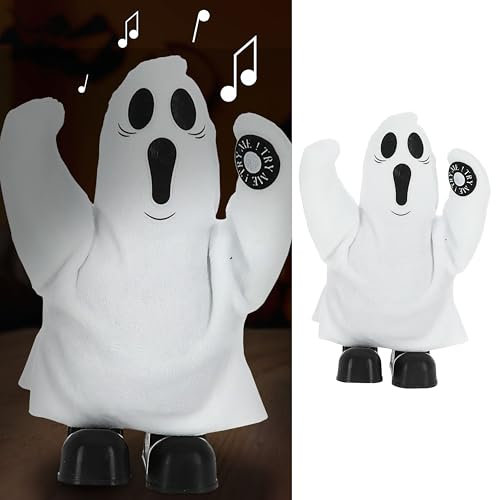 Cepewa Geist Halloween singend laufend | 14x20x8cm weiß schwarz ABS Kunststoff Polyester | Bewegung Sound Schalter