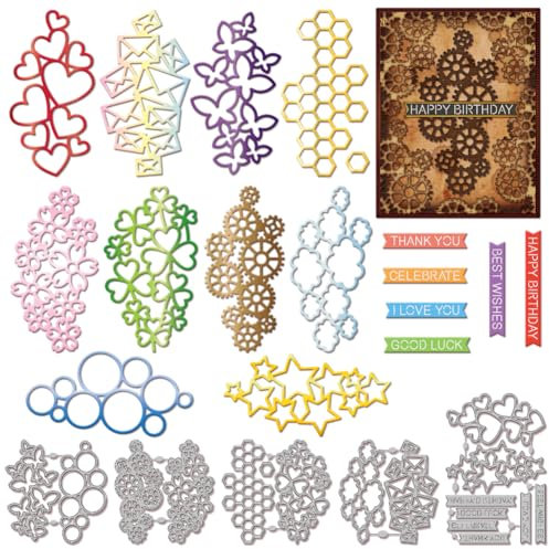 GLOBLELAND Stanzformen Mit Zahnrad Herz Umschlagrahmen Zum Gestalten von Karten Blasen Schmetterlings Sternrahmen Stanzungen Mit Segenssymbolen Für Heimwerker Scrapbooking Journale Prägungen