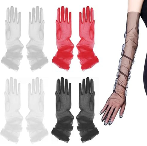 Thoquene 4 Paar Nylon Handschuhe Lang, Tüll Mesh Handschuhe Rot, Weiß und Schwarz