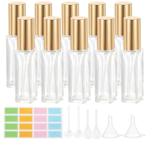 PATIKIL Travel Perfume Bottle Refillable, 10 Pcs 10ml Travel Size Mist Perfume Bottle Empty Glass Sprayer with Labels Funnel Pipette for Liquid Essential Oil, Clear/Gold Tone