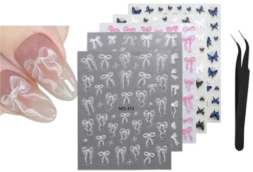 Schmetterling Nagelsticker,5 Blatt Nail Art Sticker Selbstklebend Nagelaufkleber,Nagelsticker Schleife Nageldesign Zubehör Nagel Zubehör Nail Art mit Pinzette (5Blatt Schmetterling Nagelsticker)