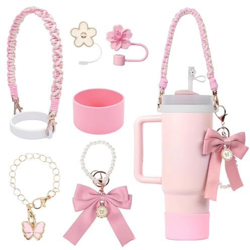 Stanley Cup Accessories Set, 7PCS Stanley Cup Decor Including Stanley Straw Cover, Handle Strap, Silicone Stanley Cup Boot, Bow Keychain Stanley Charms for Stanley Cup 30/40oz Tumbler Pink