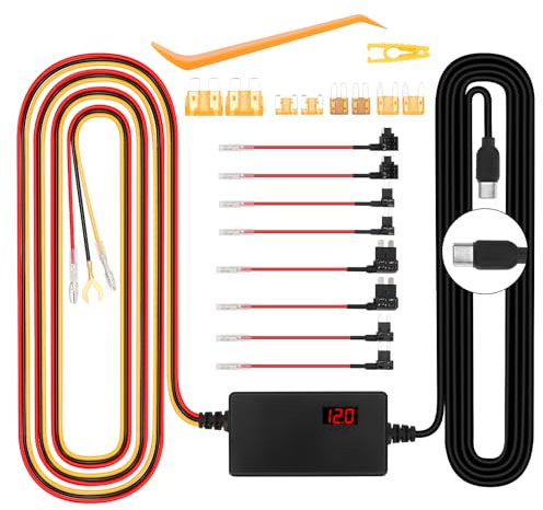 WODHMIEY Dashcam Hardwire Kit 12V-24V auf 5V 3A mit Spannungsanzeige, Einstellbare Spannung, 24H Parkmodus, Batterieentladungsschutz, Type-C, Verzögerungsstart & Stopp, Überstrom & Überspannungsschutz