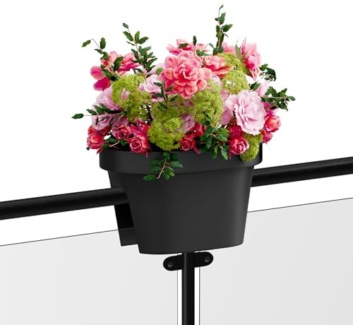 Blumenkasten für Balkongeländer – Blumentopf mit Clips für runde & eckige Geländer bis 6 cm – UV-beständig, formstabil – mit Ablauf – 2 Größen, 3 Farben – Balkon Pflanzkübel (1x Schwarz, 40x27cm)