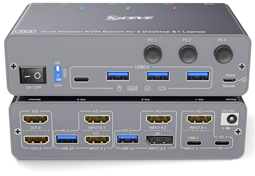 4K@60Hz USB C HDMI DP Dual Monitore KVM Switch 2 PC 1 Laptop Share 2 Monitore und 4 USB 3.0 Ports, EDID Simulation, PD 60W für Laptop, mit Kabelfernbedienung und USB-Kabel