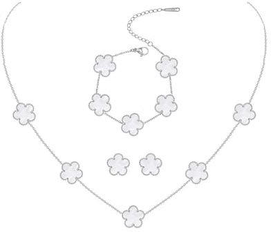 JYIXXZX Vierblättriges Kleeblatt Schmuck Set Silber Edelstahl Zweiseitig Vierblättriges Anhänger Halskette Ohrringe Armband Glücksklee Emaille Schmuck Set Geschenke für Damen und Mädchen
