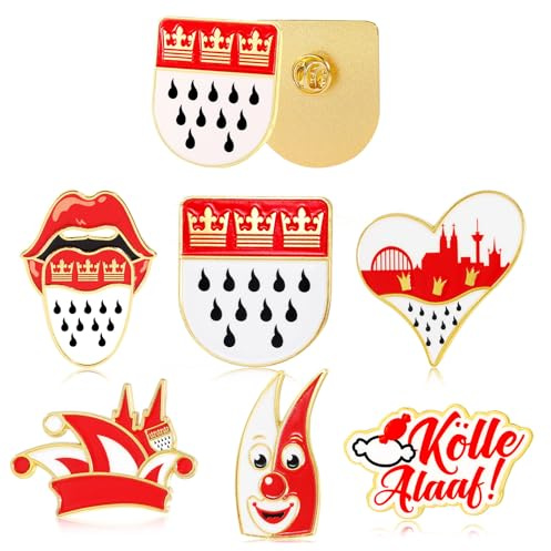 HOWAF 6 Stück Anstecker Karneval Köln Accessoires, Kölle Alaaf Anstecker Pin Fasching Kostüm Kölner für Karneval Kostüm Köln Rot Weiß, Faschingskostüme, Set B