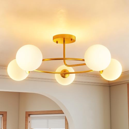 HOMCOM LED-Deckenleuchte 20W, Deckenleuchte, 5 G9-Sockel mit halbbündiger Montage, moderne Deckenlampe für Wohnzimmer, Flur, Esszimmer, Küche, gold und weiß, Glühbirnen nicht enthalten