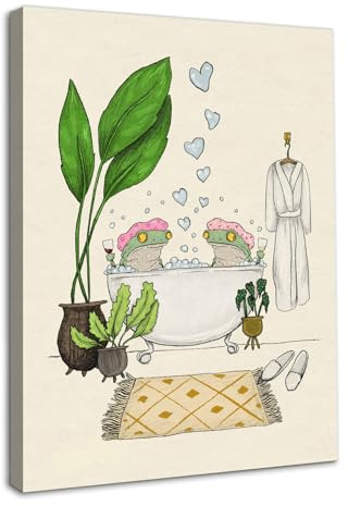 Dazzlewall Lustiger Frosch Badezimmer Wandbilder, Niedliche Paare Tiere Baden in Badewanne Leinwand Bilder für Badezimmer Toilette Deko 30×40 cm Mit Rahmen