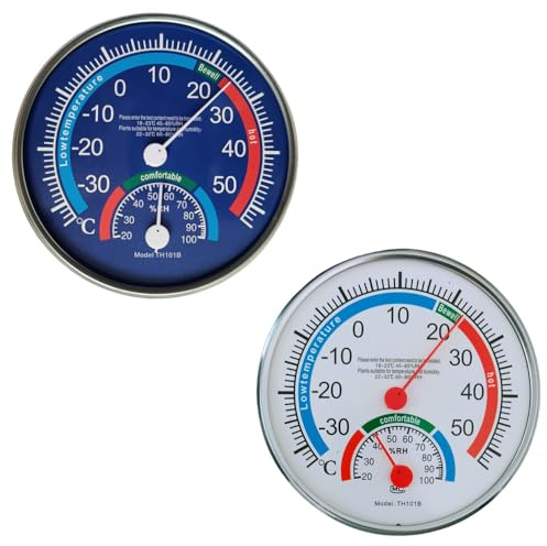 TONGIHS 2Pzs Higrómetro Analógico Interior y Exterior,para Hogar,Azul&Blanc | Plástico ABS,13cm de diámetro,Mide la temperatura y la humedad,Escala a color,Fácil de instalar,para Salón,Dormitorio